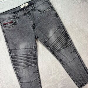 Akademiks Jeanius Men's Moto Jeans Gray Distressed Ribbed Biker Stretch 36x30